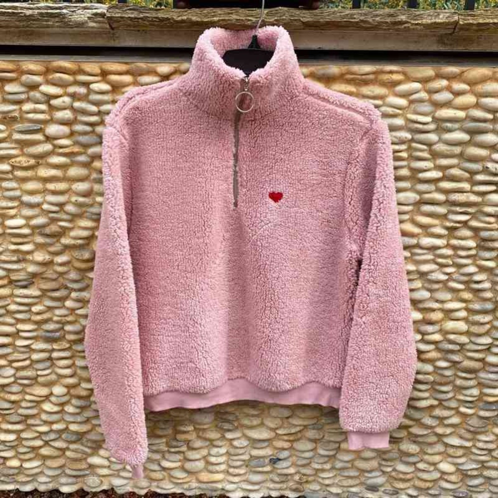 Pink Fleece Jacket with Heart Embroidery